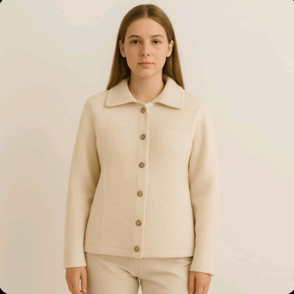 TABI neutral cream 100% new wool snap up jacket sweater Size XS